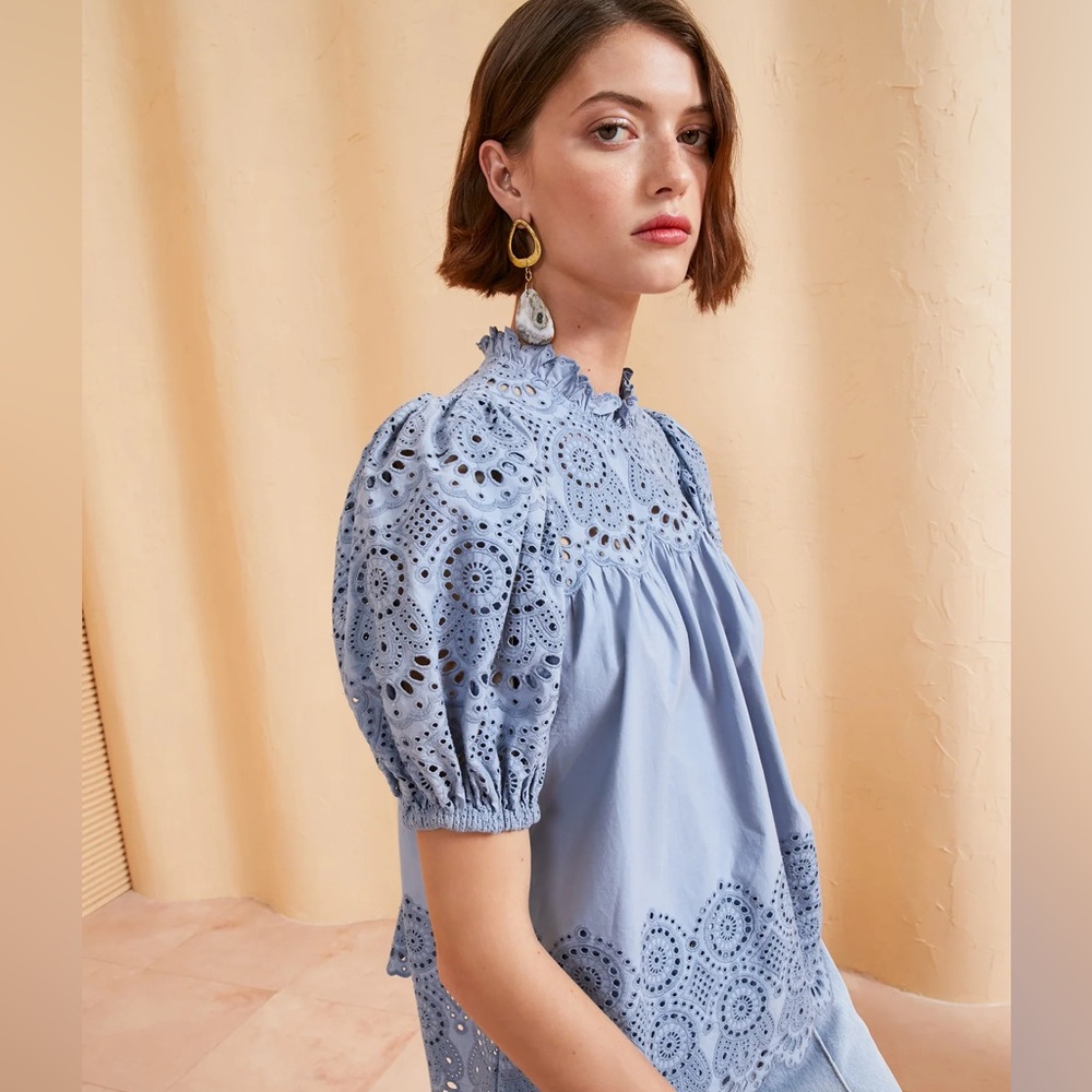 ULLA JOHNSON Mischa Cotton Eyelet Detail Top In Celestine